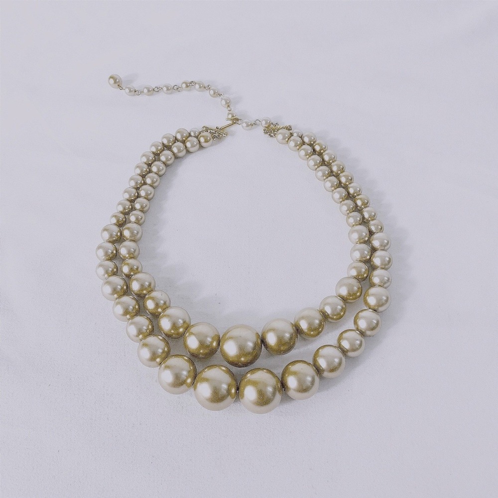 Vintage Gold Double Strand Faux Pearl Choker Necklace Chunky Graduated Hook 18in - Picture 15 of 15